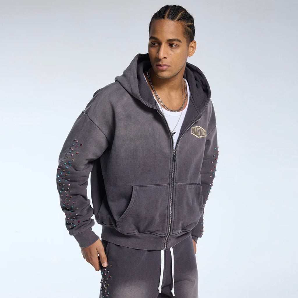 AZVA Vintage Black Crystal Cactus Zip Hoodie
