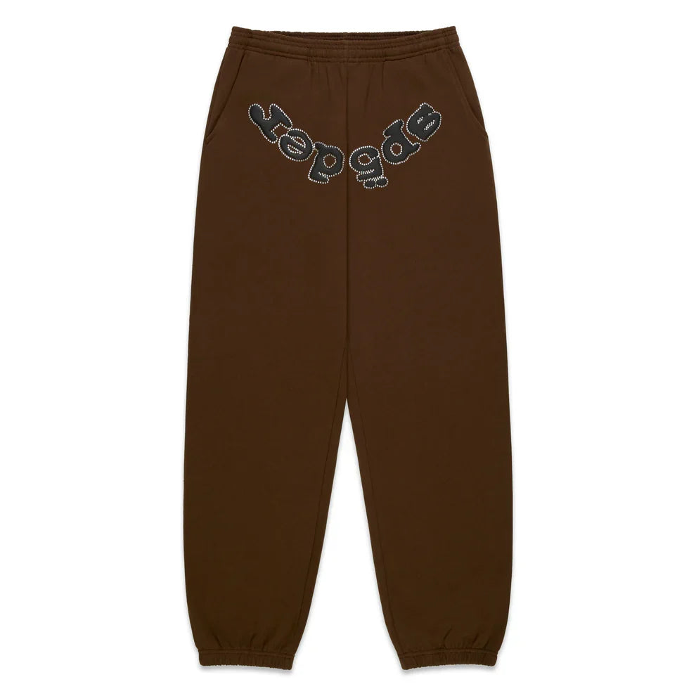 Sp5der Brown Rhinestone Og Web Sweatpants